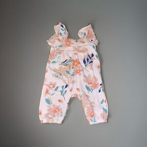 Nine West Girl’s 0-3M Pink Floral Ruffle Sleeve Jumpsuit Romper Cotton Blend
